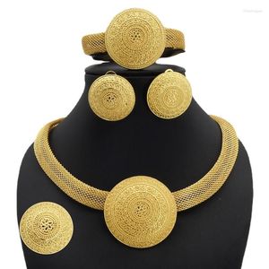 Conjunto de brincos de colar Dubai 24K joias douradas pulseira de anel de noiva areia ouro