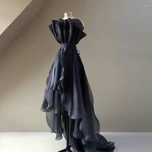 Casual Dresses Designer Navy Blue Hi Low Chiffon Women A-line Ruffles Long Dress Sexy Illusion Celebrite Party Gowns Custom Made