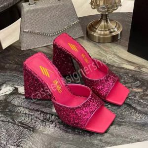 Designer tofflor Fashion Women's Slides Black Silk Square Toe Flip Flop Thick Heels Mini Summer Shoes 10cm Women Sandaler Designers High Heels Factory