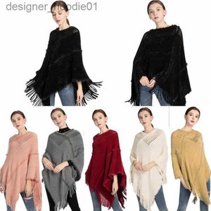 Capa feminina de malha com bainha franjada moda crochê poncho para inverno outono sólido plus size l230914