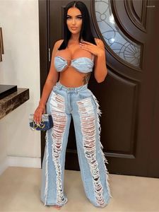 Kvinnors tvåbitar byxor Sexig denim Tracksuit Women 2 Set Outfits Summer Clothing Backless Crop Top och Hole Tassel Jean Suits Woman Sets