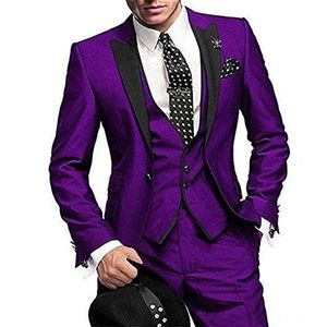 High Quality One Button Purple Groom Tuxedos Peak Lapel Groomsmen Mens Wedding Business Prom Suits Jacket Pants Vest Tie NO1286266t