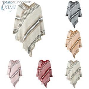 Women's Cape Kimi-Classic Women's Tassel Cape Sweater Elegant V Neck Knit Cardigan för Fall Winter L230914