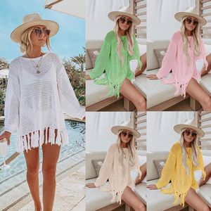 Mulheres Swimwear Senhoras Oco Malha Tassel Beach Cover Ups Férias Swimwears Bikini Gancho Maiô Branco Protetor Solar Crochet Mujer Beachwear 230914