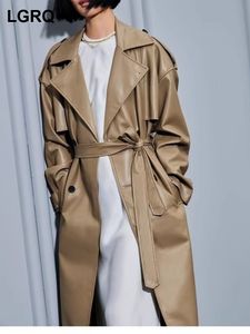 Men's Trench Coats LGRQ 2023 Trendy Elegant Temperament Faux Leather Coat Women's Casual Belt Tie Up Waist Original Long Windbreaker 19F3680 230914