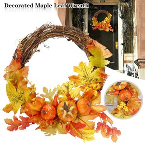 Decorative Flowers Wreaths Artificial Maple Leaf Autumn Wreath Fall Door with Fake Pine Cones Pumpkins 32cm Diameter Wall Hanging Garland Halloween 230915