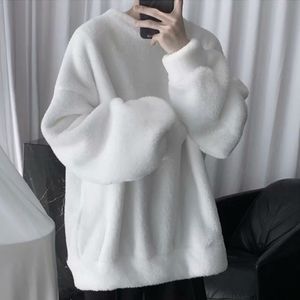 Erkek Hoodies Sweatshirtler Büyük Boy Sweatshirt Düz Renk Kuzu Saç O boyun boyunlu Erkek Sweatshirt Kore Moda Gevşek Hoodies Street Giyim Harajuku 230914