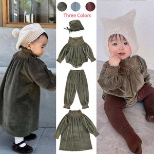 Ensembles de vêtements 2023 automne hiver Bebe enfant en bas âge filles robe de broderie né bébé velours mignon barboteuse enfants Vintage pantalon enfants vêtements ensemble 230914