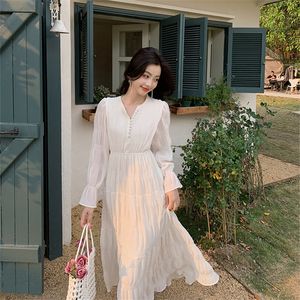 Basic Casual Dresses Elegant Chic Women White Midi Dress for Autumn 2023 Chiffon Puff Long Sleeve V neck Office Lady Cute Fairy 230915