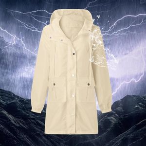 Women's Trench Coats Autumn And Winter Outdoor Long Punching Jacket Solid Color Loose Pocket Hooded Raincoat Windproof Waterproof Zipped