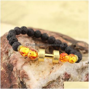 Frisado Nova Chegada Lava Rock Beads Pulseiras Com Ouro Dumbbell Âmbar Lampwork Vidro Stretch Bangle Para Mulheres Homens Moda Jóias Drop Dhw0R