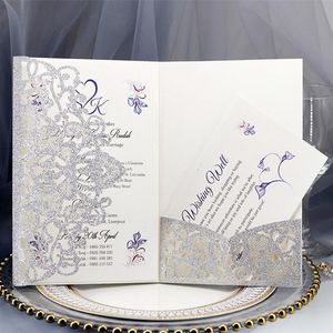 Biglietti d'auguri 10 pezzi set Carta per inviti di nozze tagliati al laser Elegante bomboniera in pizzo Oro rosa Argento Decorazioni per feste aziendali2174