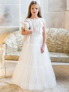 Girl Dresses Elegant Flower Girls For Wedding Gowns Sleeveless Lace Tulle Applique Beaded Belt Princess Birthday Holy Communion Dress