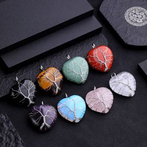 Wire Wrap Heart tree of life Pendant Natural Stone Amethyst Opal Rose Quartz Obsidian Pendant Lover Charms for Jewelry Making Necklaces
