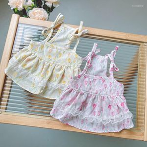 Vestuário para cães flor laço deslizamento vestido roupas amarelo rosa saia pequenos cães roupas gato coreano moda bonito menina verão fino produtos para animais de estimação