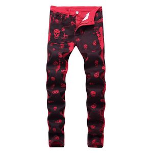 Dżinsy męskie 2021 Męska moda szkieletowa czaszka drukowana nocna osobowość Club Slim Fit Red Denim Pants Długie spodnie 277o