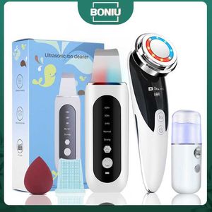 Face Care Devices 2+3 Kit Ultrasonic Skin Scrubber Spatula Blackhead Remover Ems Led Facial Massager Pore Cleaner Peeling Lifting 230915