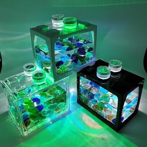 Dekorationer Aquarium Mini Fish Tank Reptile PET LED Light Box Stapelbar Cylinder Landscape Seawed For Home Office Decoration 230915