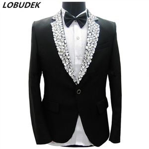 Sparkly Rhinestones Black Jacket Blazers Pants Men's Suits Male Singer Stage Performance Costume Party Host Groom Wedding Dre223S