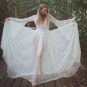 Illusion Boho Women Long Wedding Dresses 2020 Wedding Gown gongbaolage V Neck Lace Bohemian Slim Fit Party Sexy Bride Dress243t