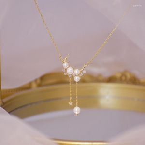 Chains Korean Arrive 14K Real Gold Moon Pearl Necklace Micro Inlaid Zircon Tassel Kolye Bohemia Jewelry Pendant Birthday Gift