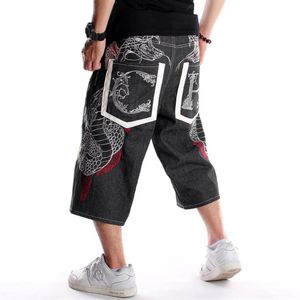 Jeans masculinos verão solto perna larga homens curto hip-hop masculino skate swag baggy capri calças preto denim shorts tamanho grande 30-46277a