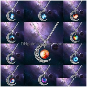 Anhänger Halsketten Mode Galaxy Planet Mond Cabochons Glas Welt Sternenraum Mondstein Charms Halskette für Damen Choker Schmuck Dr Dhqft