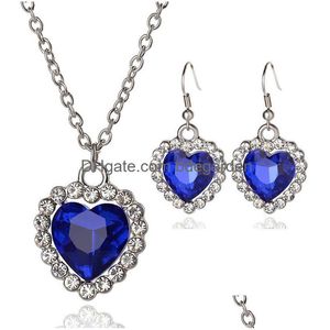 Earrings Necklace The Heart Of Ocean Jewelry Set For Women Blue Crystal Gemstone Pendant Dangle Fashion Romantic Titanic Movie Drop De Dhmoi