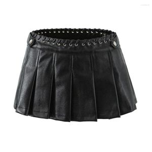 Skirts Y2k Style Black Mini For Woman Sexy Pleated Clothes Women PU Leather Skirt Short High Waist Treetwear