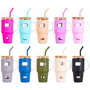 Boba Smoothie Cup di grande capacità Tazze per bottiglia d'acqua in vetro borosilicato da 32 once con custodia in silicone Tazza per acqua con cannuccia e coperchio per caffè freddo