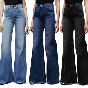 Modemärke elastiska jeans kvinnor knapp tvättade denim byxor femme pocket byxor boot cut rak linje flare jeans muje280f