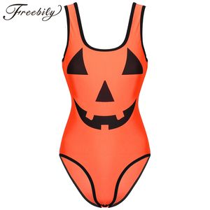 Macacões femininos macacão halloween abóbora impressão bodysuit u pescoço sem mangas botões pressionados virilha collant bodycon festas chiques clubwear 230914