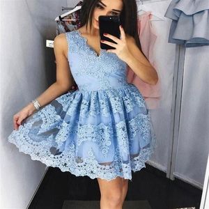 Light Blue Pink Full Lace Short Homecoming Dress V Neck Above Knee Length Formal Prom Dresses Cocktail Gowns2901