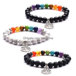 Frisado árvore da vida charme pulseiras para mulheres homens lava rock branco turquesa preto ágata natural pedra grânulos cadeias moda 7 chakra di dhmjw