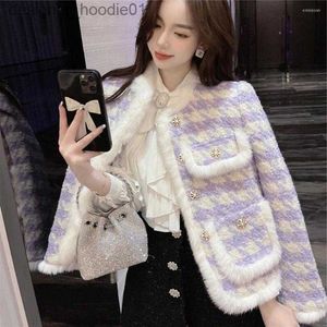 Mulheres para baixo parkas jaquetas femininas casaco de inverno para mulheres roxo vison cabelo splice outono jaqueta 2023 doce xadrez lã tweed casacos senhoras acolchoado quente l230915