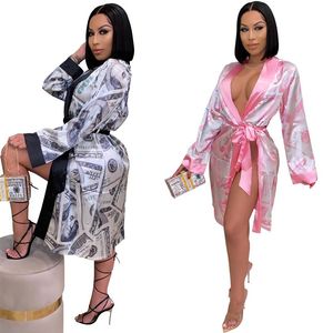 2021 Pajamas women fashion dollar printed pattern silk cardigan sex appeal adult home service long bathrobe Nightgown266M