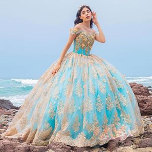 Stunning Ball Gown Lace Quinceanera Dresses Beaded Gold Appliqued Prom Gowns Off The Shoulder Neckline Tulle Sweet 15 Corset Masquerade Dress