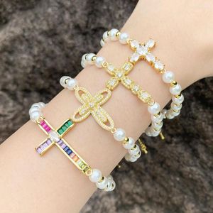 Link Bracelets Multicolor Crystal Cross For Women Copper Gold Plated Beads Pearl CZ Jewelry Amulet Gifts Brte70