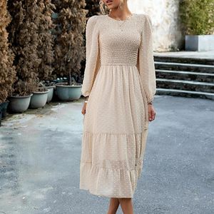 Lässige Kleider, Midi-Kleid, Rundhalsausschnitt, lange Ärmel, gepunktet, für den Abend, Jacquard, Rüschenbesatz, Party, Clubwear für Damen