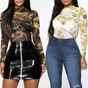 Women's Blouses Shirts Sexy Women Perspective mesh Shirts Long Sleeve Slim Blouse See Through Print Blouses Top Fashion Club Blouse 230915