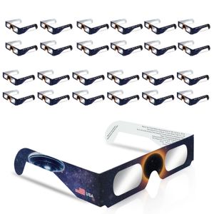 Solar Eclipse Glasses Family 25 Pack, tillverkad av AAS Erkänn Factory, CE och ISO -certifierade, premiumsäker filterteknologi, en storlek passar alla glasögon