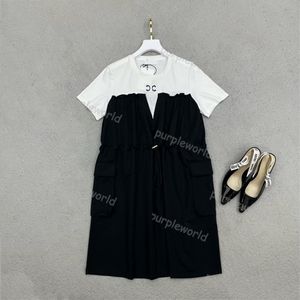 レディースカジュアルドレスクラシックブラックホワイトコントラストドレスファッションドローストリングエラスティックウエスト夏の短袖衣類237C