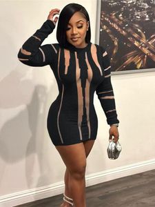 Casual Dresses Mesh Patchwork Knit Mini Dress Women Sexig Se genom O-Neck Full Sleeve Body Shaping Robe Fall 2023 Midnight Clubwear