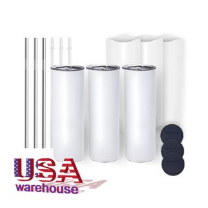 US warehouse 20oz white sublimation tumbler straight stainless steel blanks car mugs thermos water bottles with straw 915