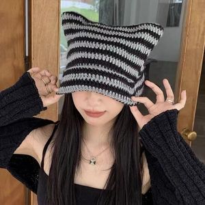 Beanie/Skull Caps Japanese Y2K Little Devil Striped Beanies Women Winter Cute Hat with Ears Knitted Wool Cap Girls Pullover Skulles Halloween Hats 230915