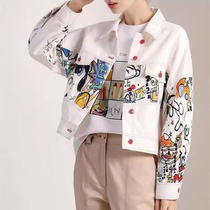 Herrjackor Creative Design Cartoon Graffiti White Denim Jacket Women 2023 Spring Autumn Veste Femme Streetwear Casual Short Jean 230914