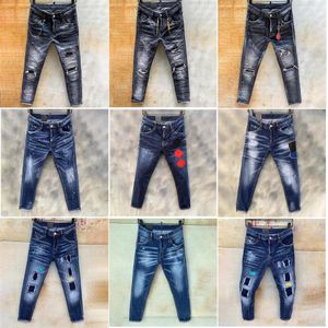 Мужские джинсы Rips Stretch Black Denim Jean Италия Модные облегающие потертые мотоциклетные брюки со вставками в стиле хип-хоп Брюки2631