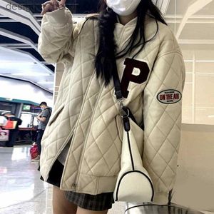 Women's Down Parkas Women's Jackets Vintage Zipper Women's Cardigan Letter P Thicked Baseball Uniform Female Casual Preppy Argyle Panelled Quilted Coats L230915