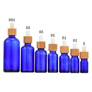 Frosted Blue Glass Droper Bottle 5 ml 10 ml 15 ml 30 ml 50 ml med bambu lock cap 1oz bambu eteriska oljeflaskor jgosm