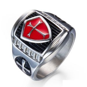 Solitaire Ring Red Lodge Enamel Knights Templar Emblem Masonic Cross Rings Wholesale 316 Rostfritt stål Mens Women Shield Design Ret Dhay3